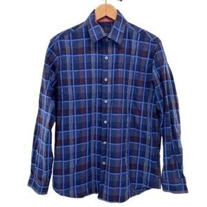 Tasso Elba Blue Plaid Button Down Shirt Long Sleeve Cotton